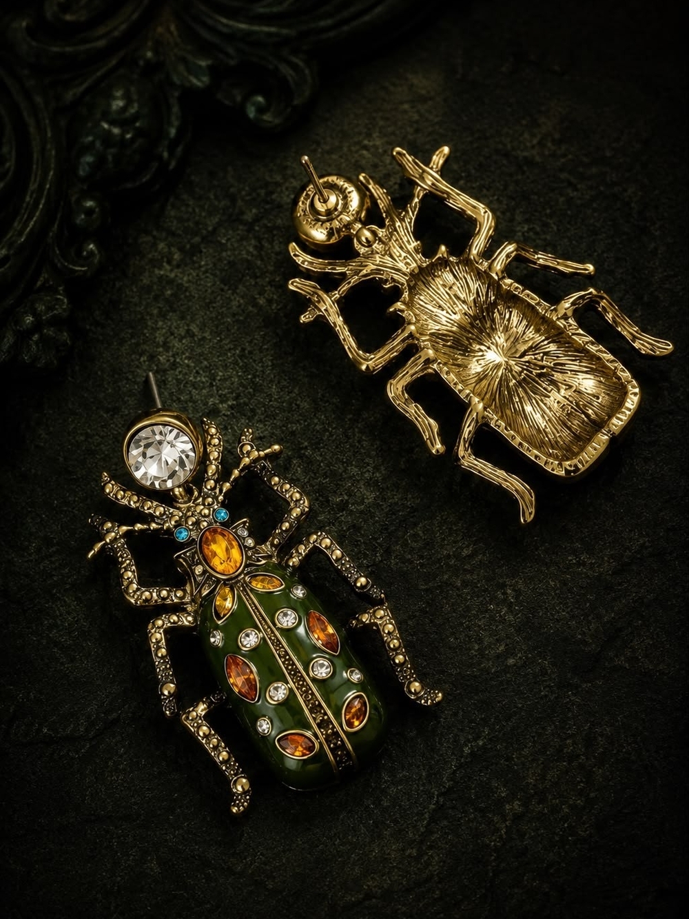 Gold and Green Beetle Drop Earrings - Designer Statement Jewelry - Picture 4 of 8